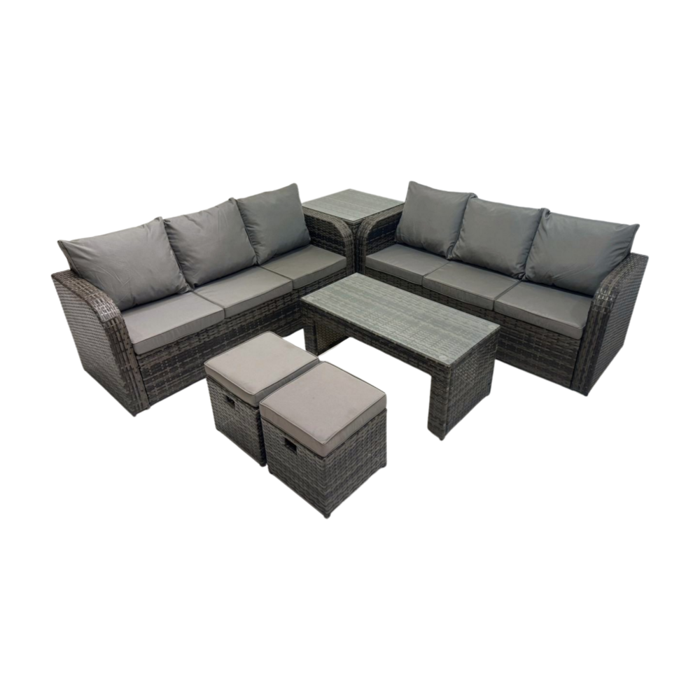 Salon de jardin avec table basse rectangulaire 2 petits tabourets canapé 3 places table d'appoint gris foncé mixte