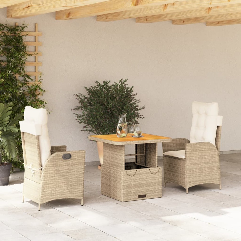 Ensemble à manger de jardin et coussins 3 pcs beige poly rotin