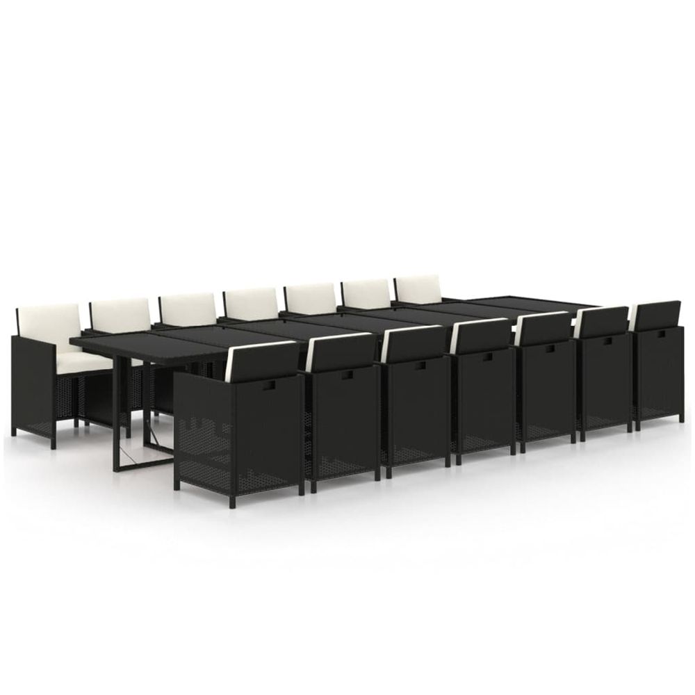 Ensemble à manger de jardin coussins 15 pcs résine tressée noir