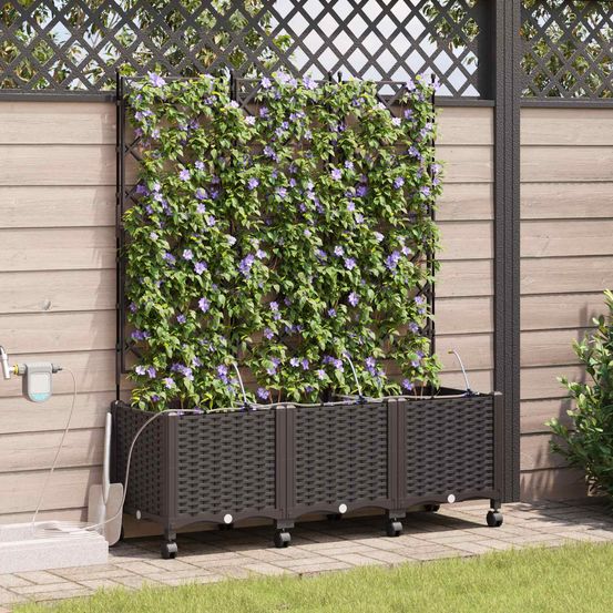 Jardinière treillis irrigation roulettes terrasse extérieur 120x40x148cm marron