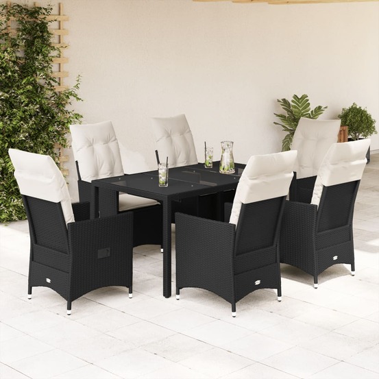 Ensemble à manger de jardin coussins 7pcs noir résine tressée