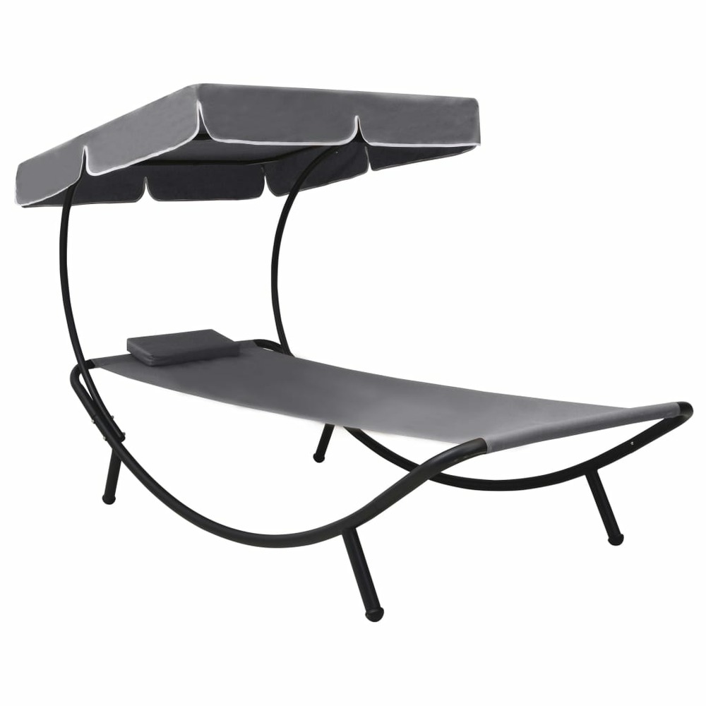 Lit de repos transat chaise longue d'extérieur 200 cm avec auvent et oreiller gris
