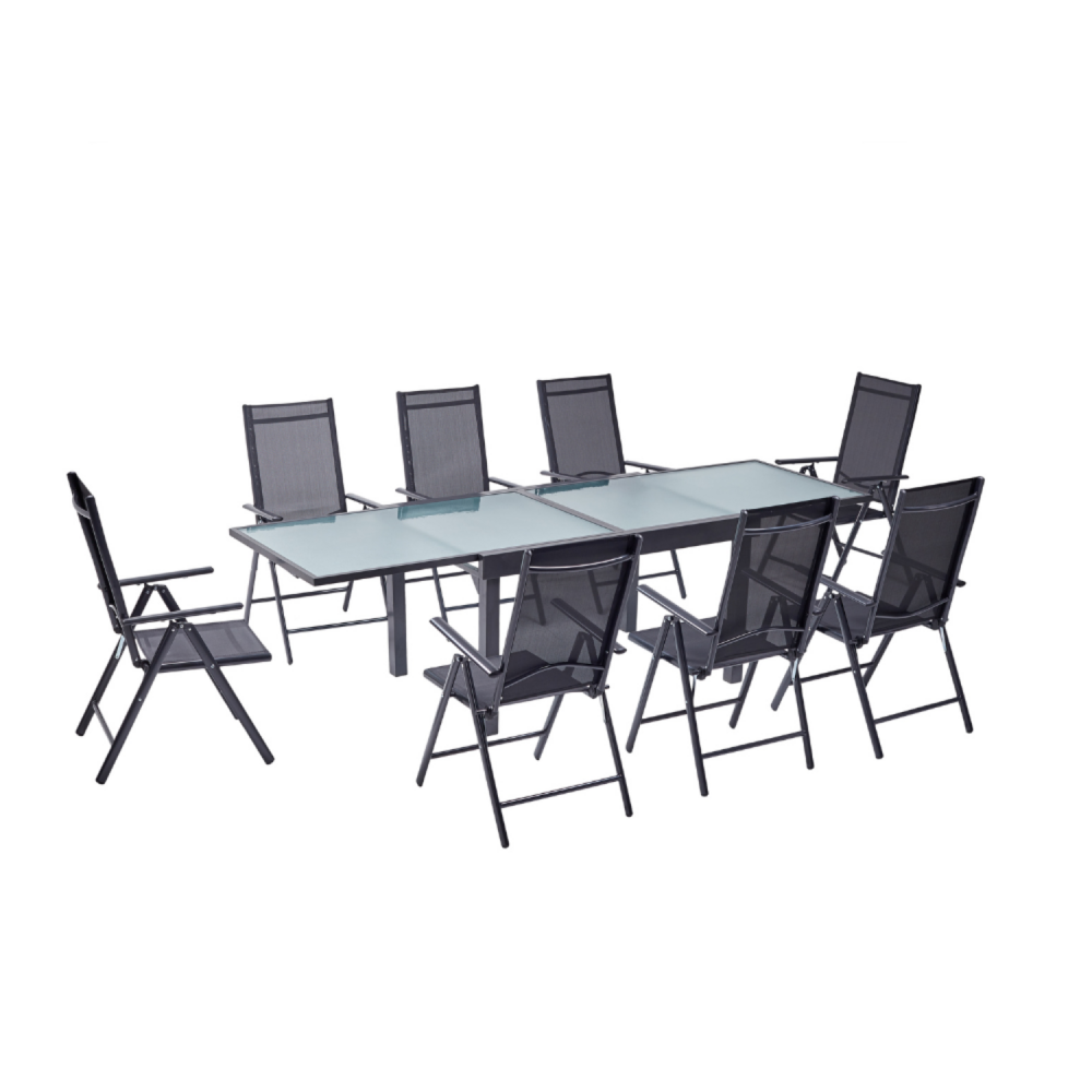 Table de jardin extensible et 8 fauteuils en alu et toile pvc brescia