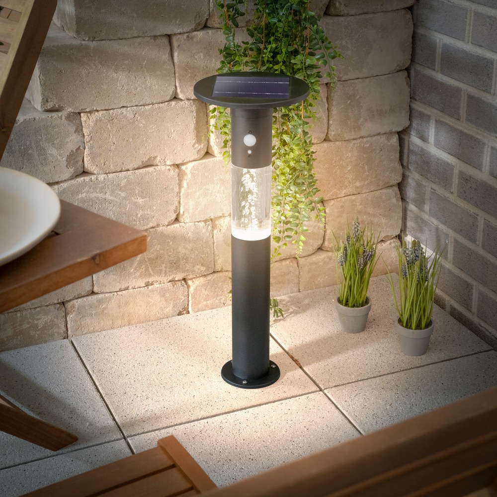 Esotec solar lampe sur socle à détecteur biella 60cm noire ip44 résistante aux intempéries 102756