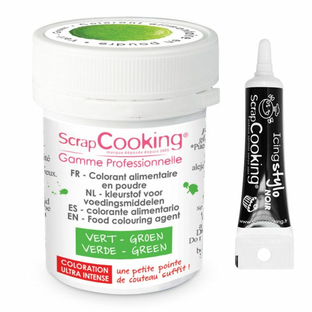 Colorant alimentaire en poudre vert + stylo de glaçage noir