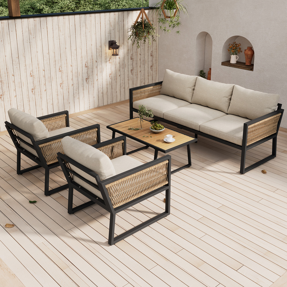 Salon de jardin 4 pièces : canapé 3 places, 2 fauteuils, table bois-plastique, corde tressée, acier galvanisé, beige