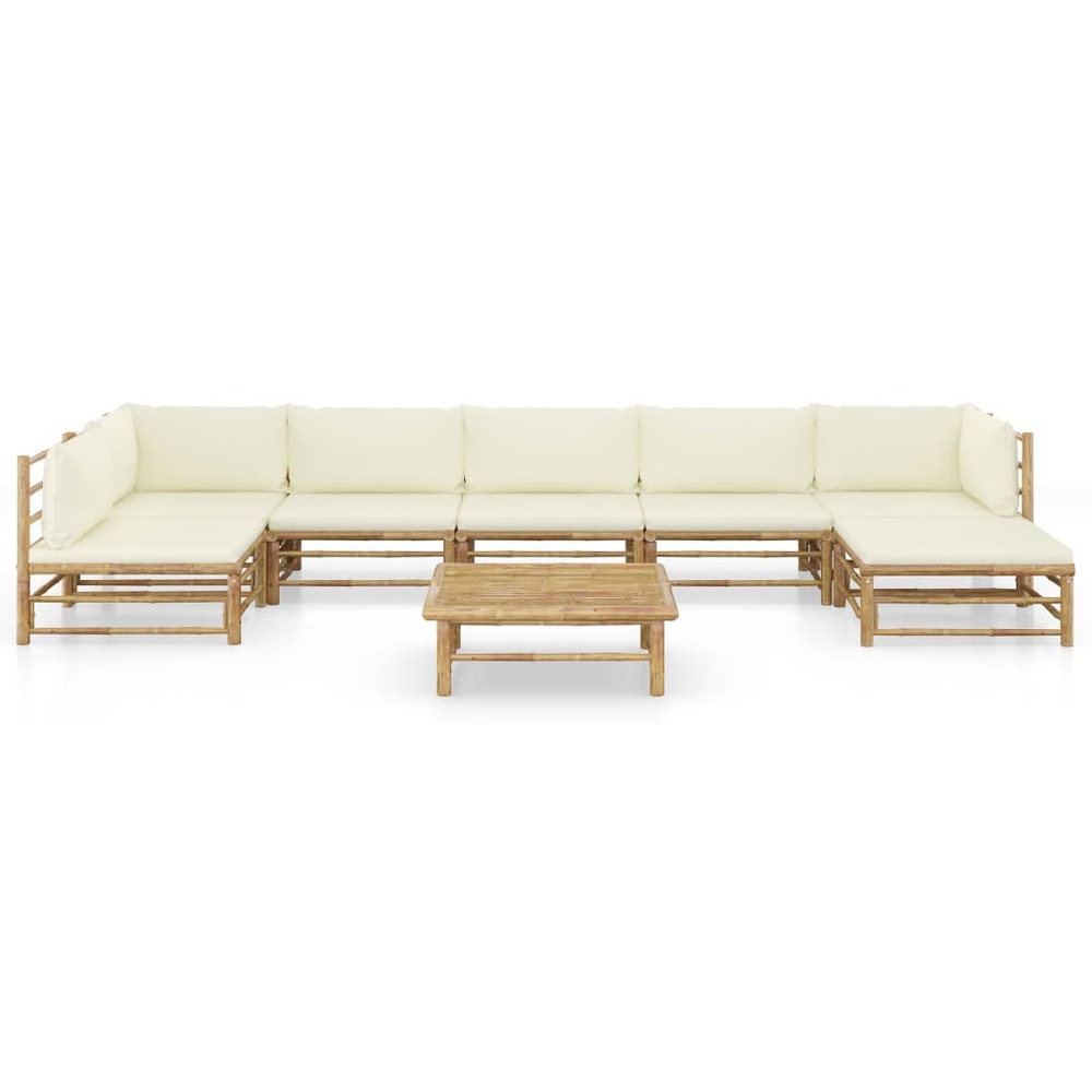 Salon de jardin 8 pcs avec coussins blanc crème bambou
