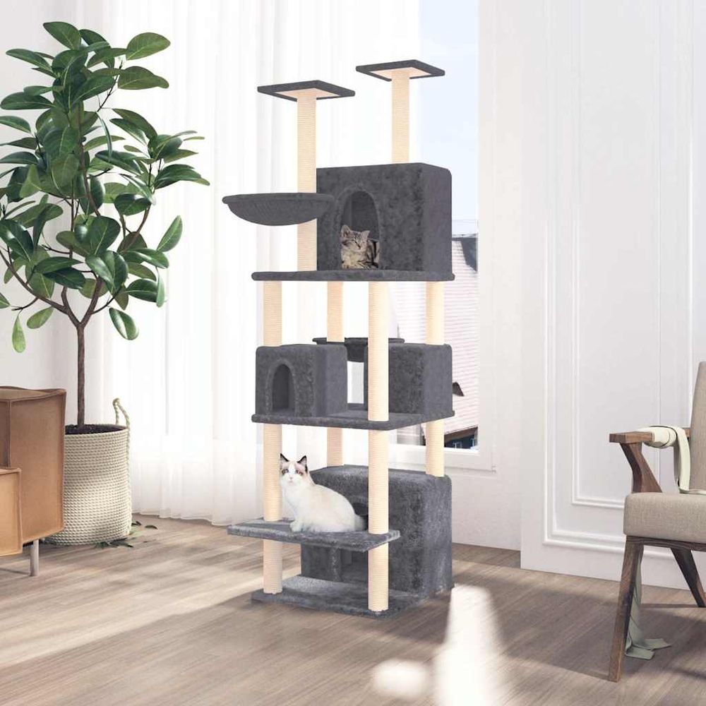 Arbre à chat géant 180cm pour plusieurs chats, 4 niches, 2 hamacs, griffoirs sisal, peluche gris foncé