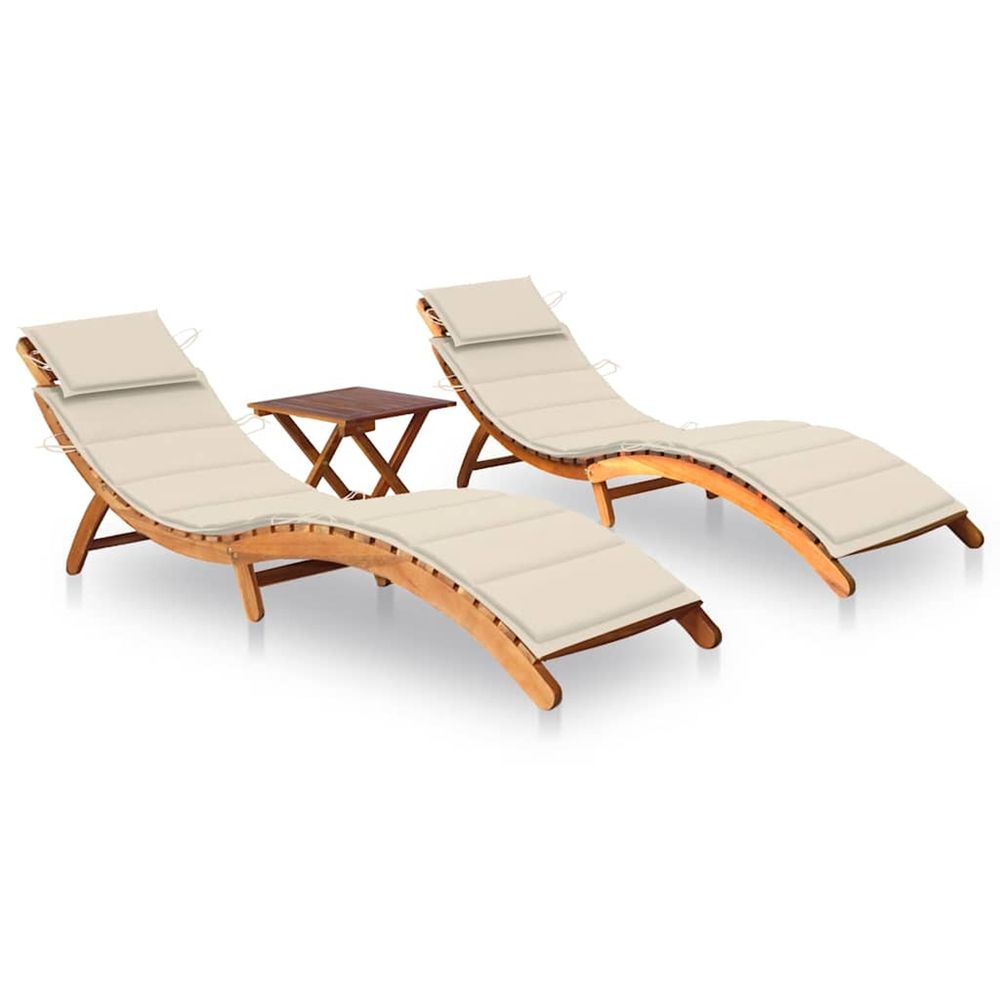 Chaises longues lot de 2 avec table et coussins acacia solide