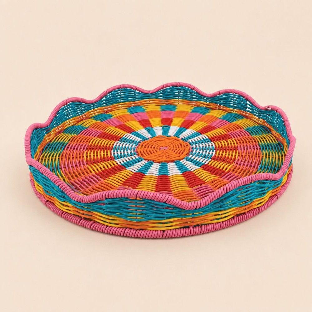 Plateau en plastique tressé orange, bleu et jaune 40cm