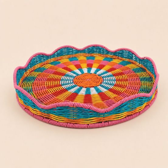 Plateau en plastique tressé orange, bleu et jaune 40cm