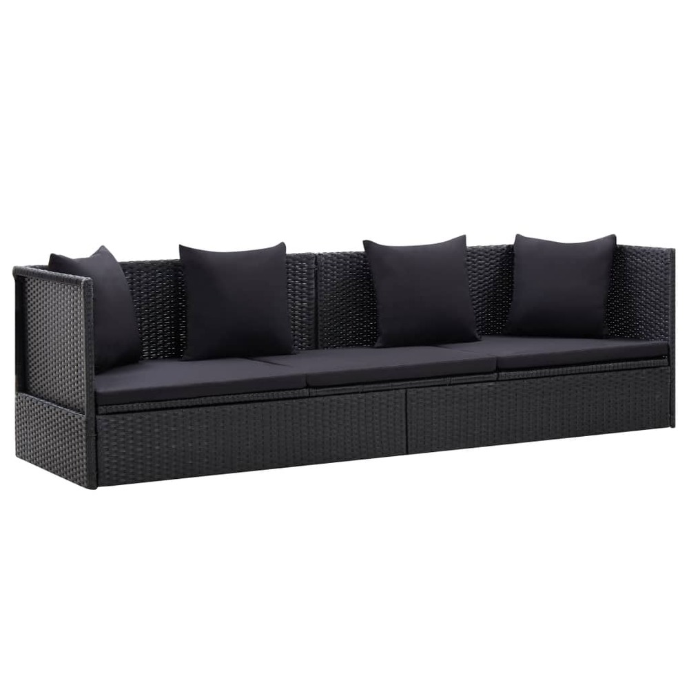 Lit de jardin avec coussin et oreiller résine tressée noir