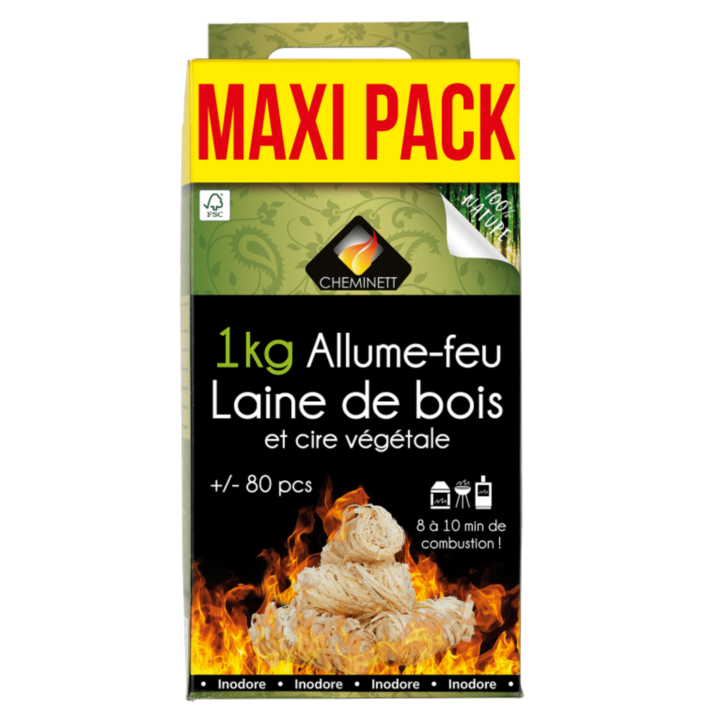 Cheminett - laine de bois - allume feu 100% naturel - 1 kg, +/- 80 pièces - à ba