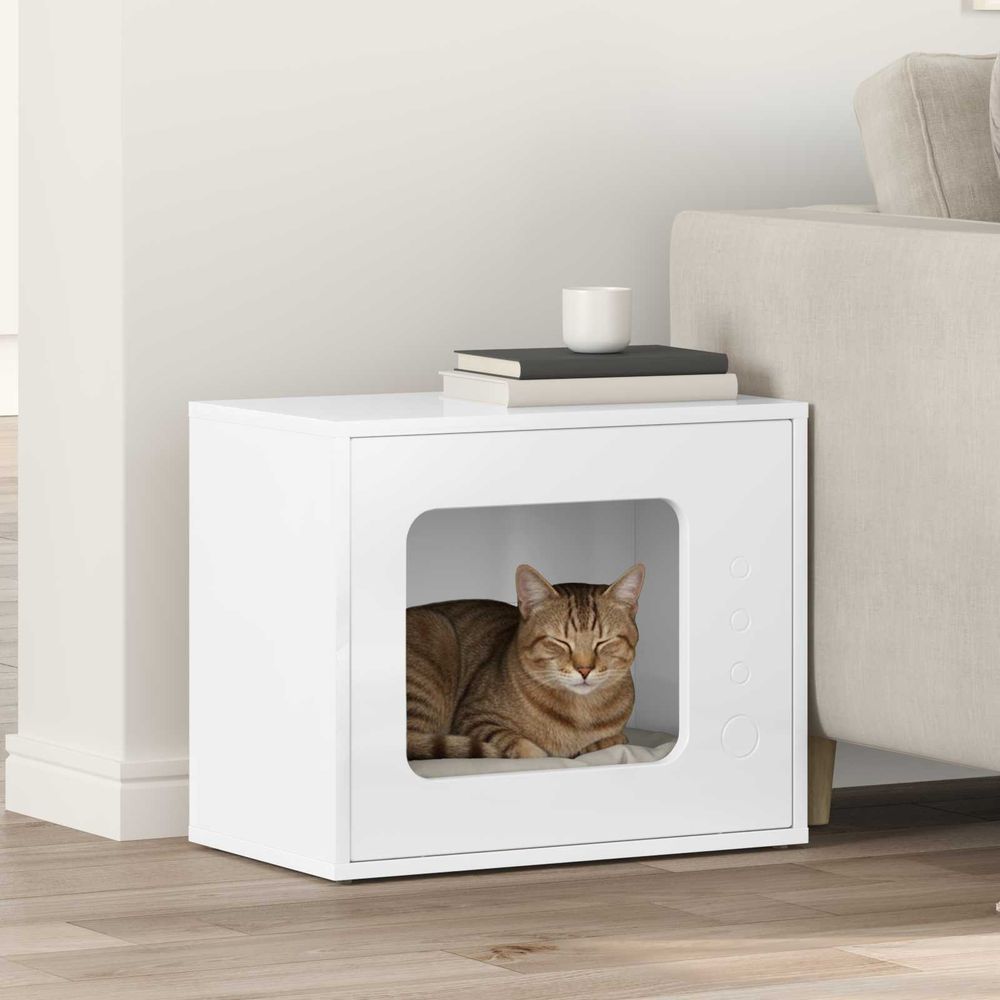 Maison chat laquée bois brillant repos blanc 51cm pour chat lumineux