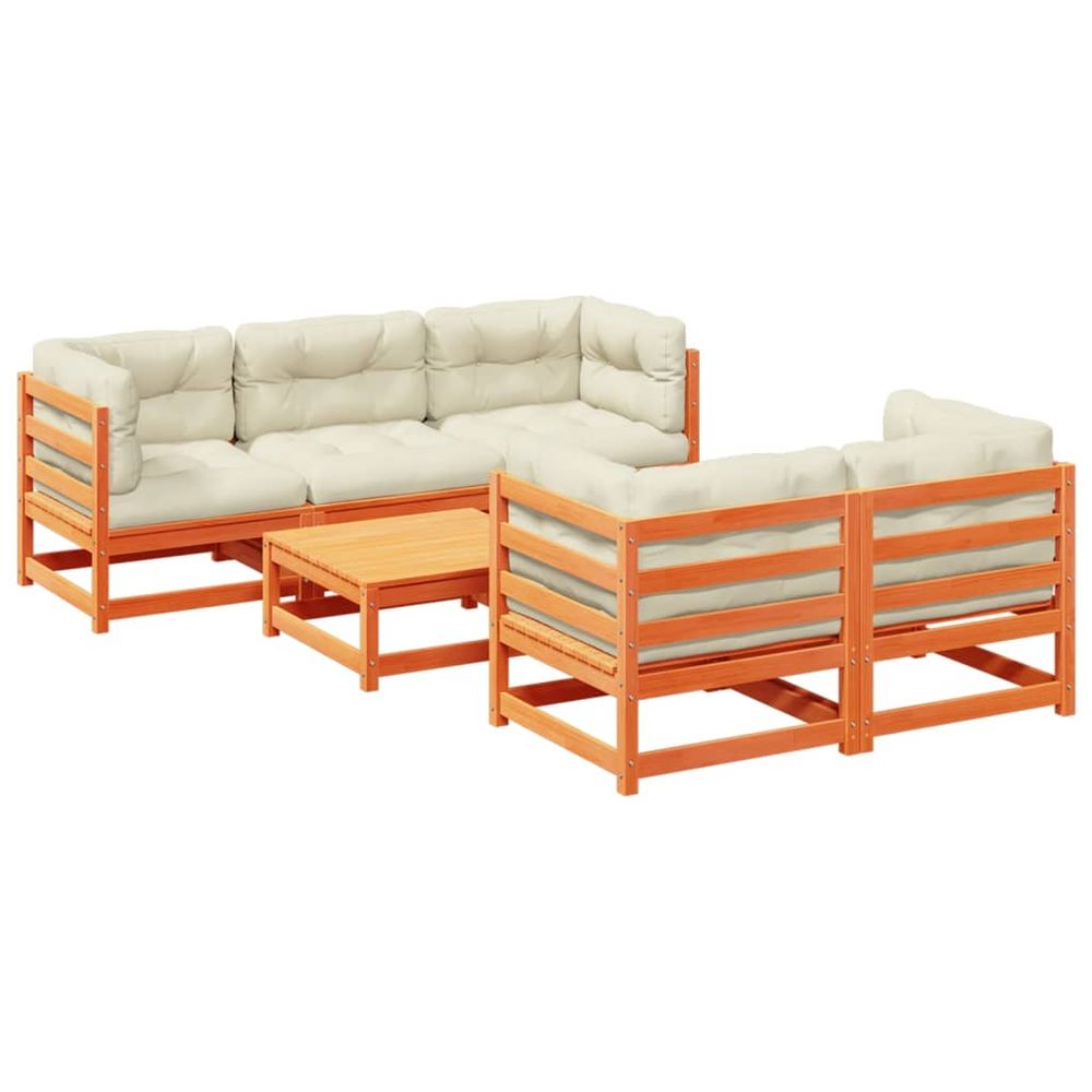Salon de jardin 6 pcs avec coussins cire marron bois pin massif