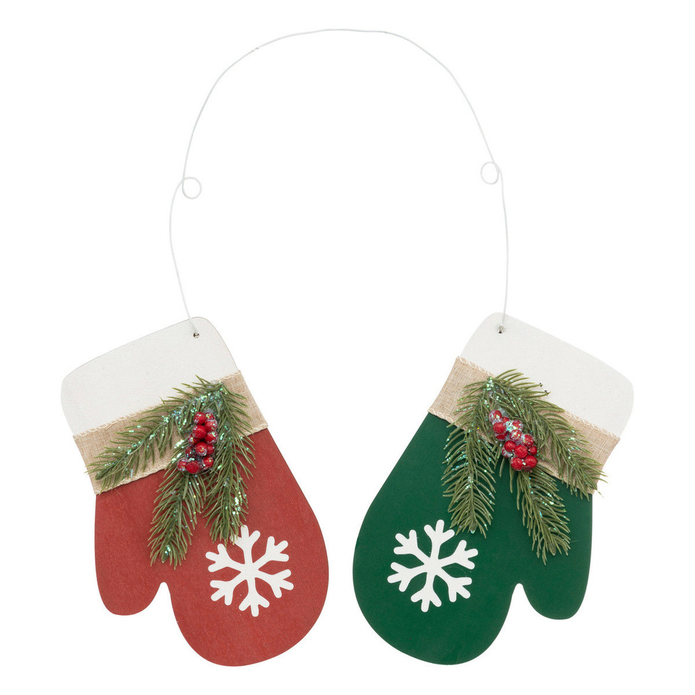 Suspension de noël paire de moufles rouge et vert en bois avec déco h 38 cm