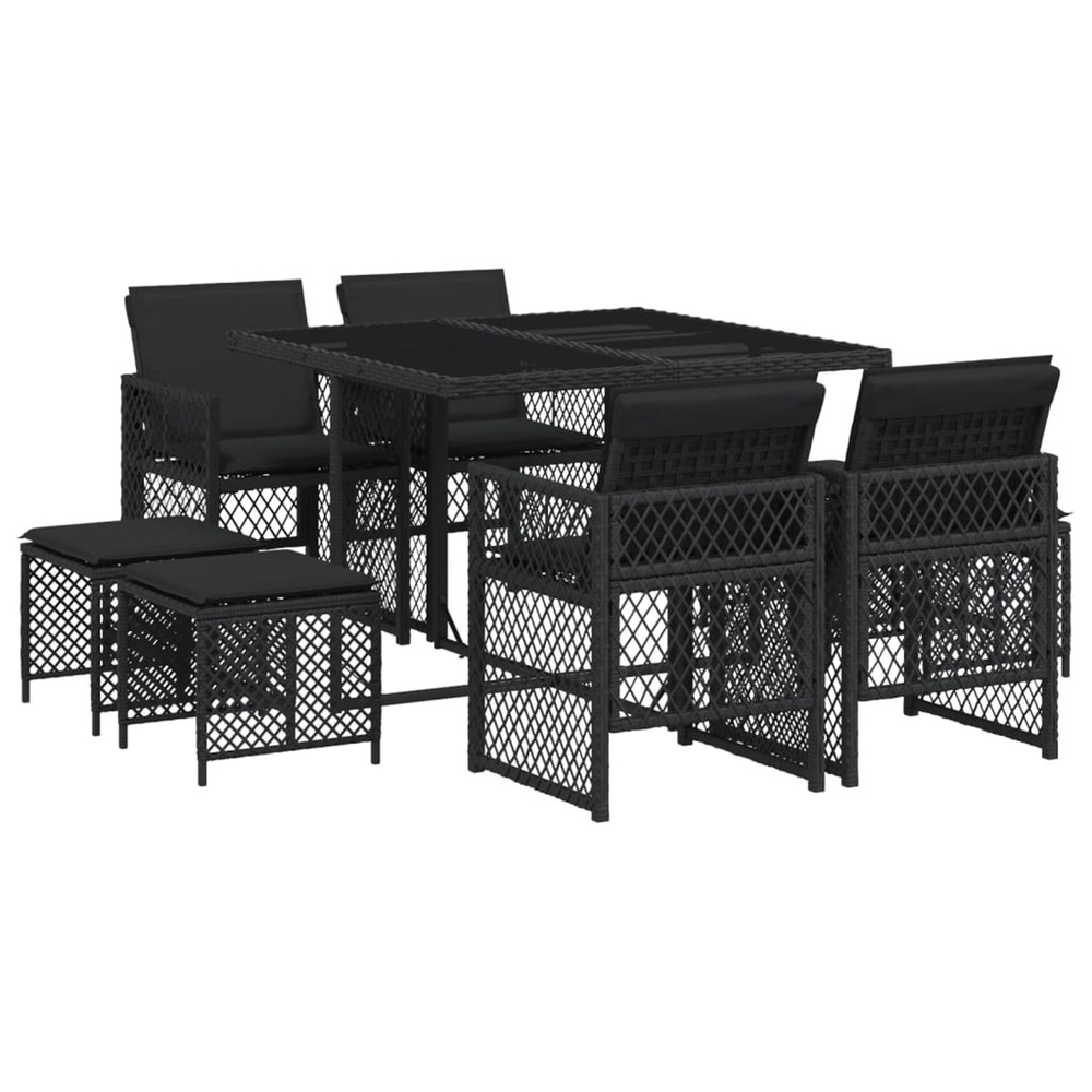 Ensemble à manger de jardin 9pcs coussins noir résine tressée