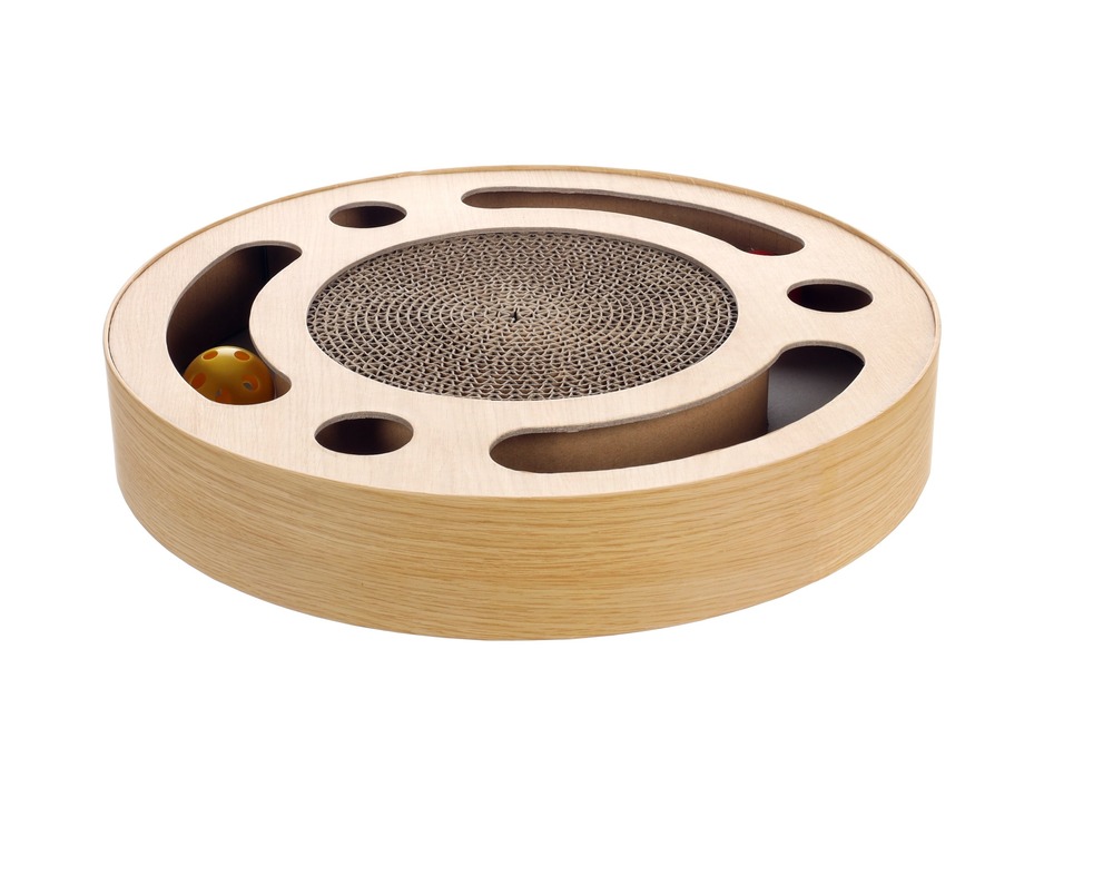 Jeu à gratter pour chat en carton rond et balles sonores 33 cm