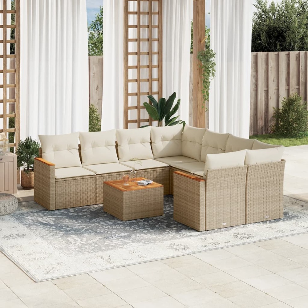 Salon de jardin avec coussins 9 pcs beige résine tressée