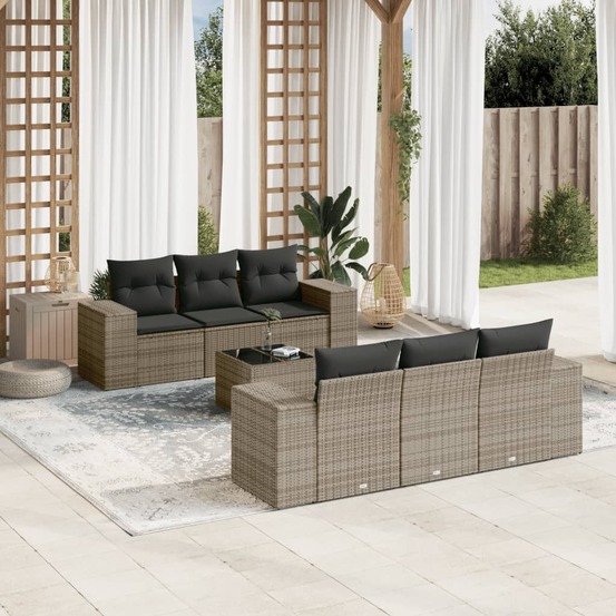 Salon de jardin avec coussins 7 pcs gris résine tressée