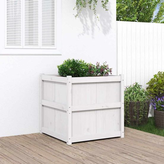 Grande jardinière carrée en bois de pin massif blanche 70x70x70 cm
