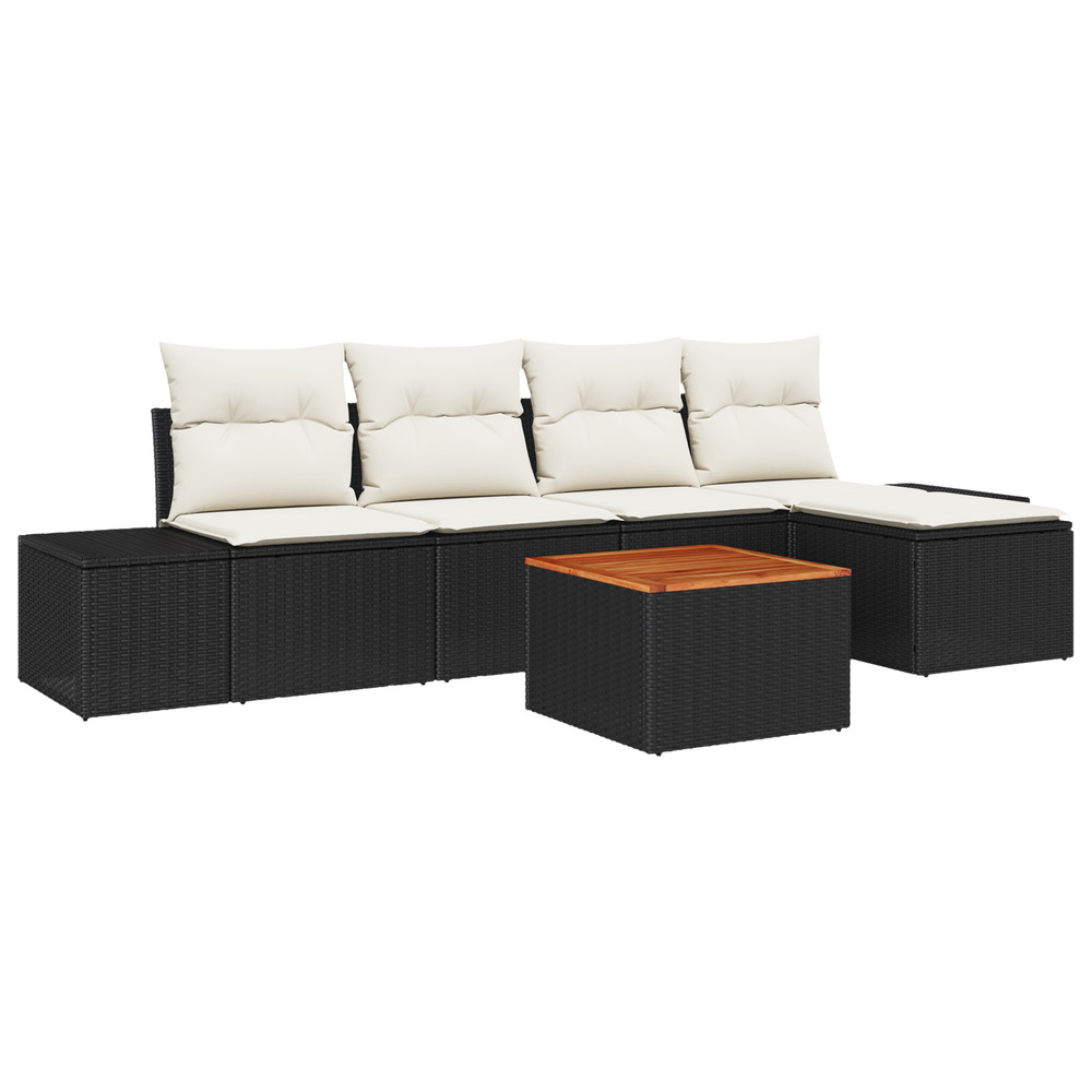 Ensemble canapé de jardin 6 pièces avec coussins noir poly rattan acacia