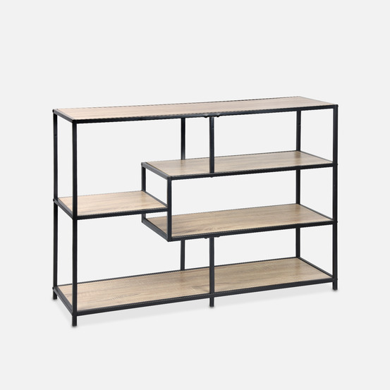 Etagère en métal noir et décor bois - loft - bibliothèque 5 niveaux, l 114 x l 33 x h 78cm