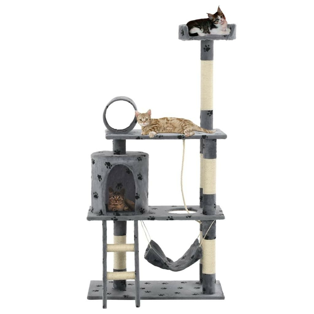 Arbre à chat griffoir grattoir niche jouet animaux peluché en sisal 140 cm gris motif de pattes