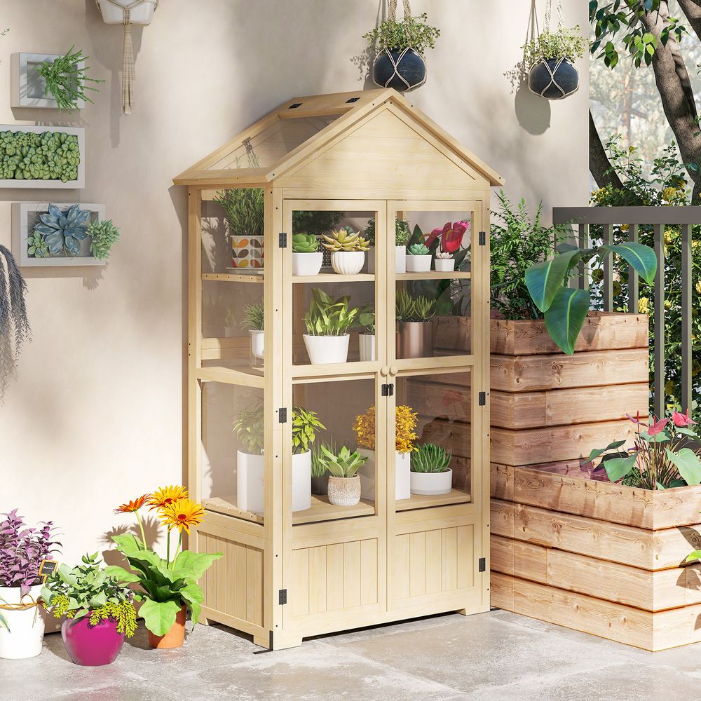 Serre de jardin en bois de sapin 100 x 56,5 x 178 cm naturelle avec étagères et toit ouvrant - comfortxl outdoor living