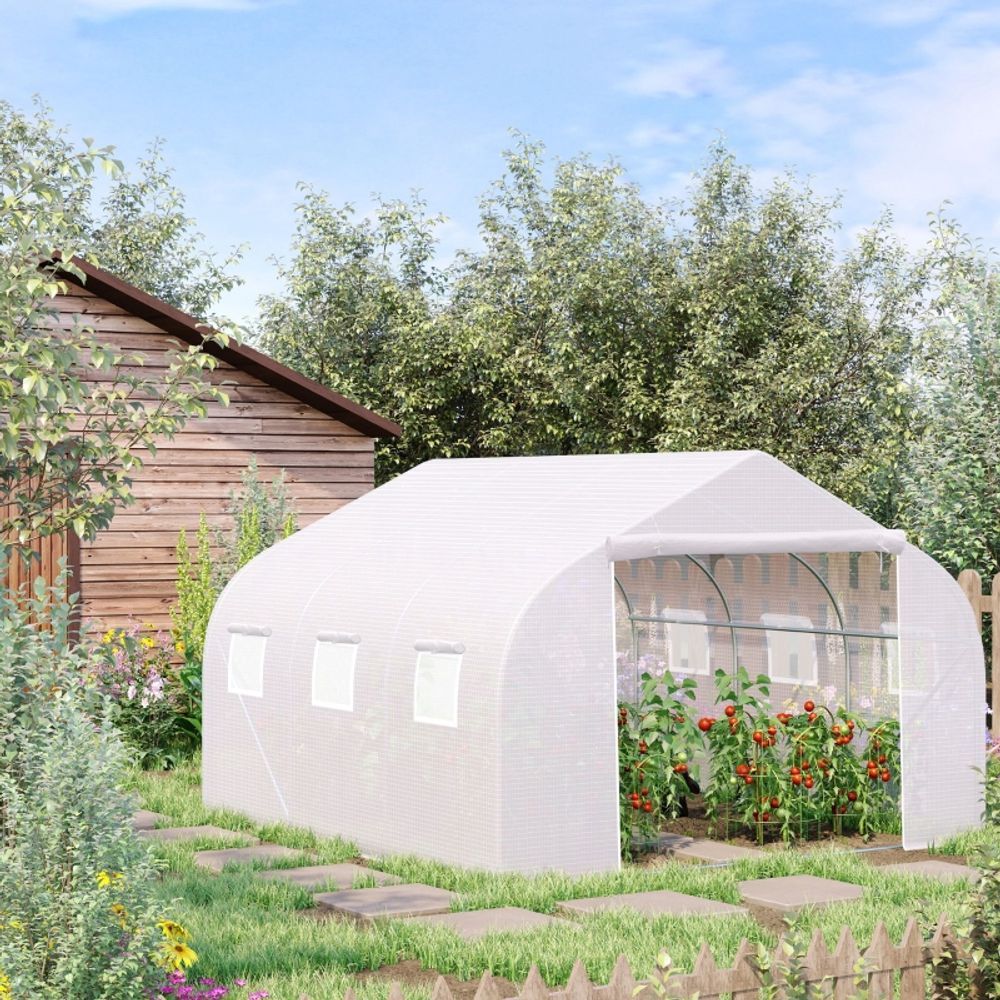 Serre tunnel de jardin acier galvanisé 445x300x205 cm bâche pe blanche 140 g/m² 6 fenêtres - comfortxl outdoor living