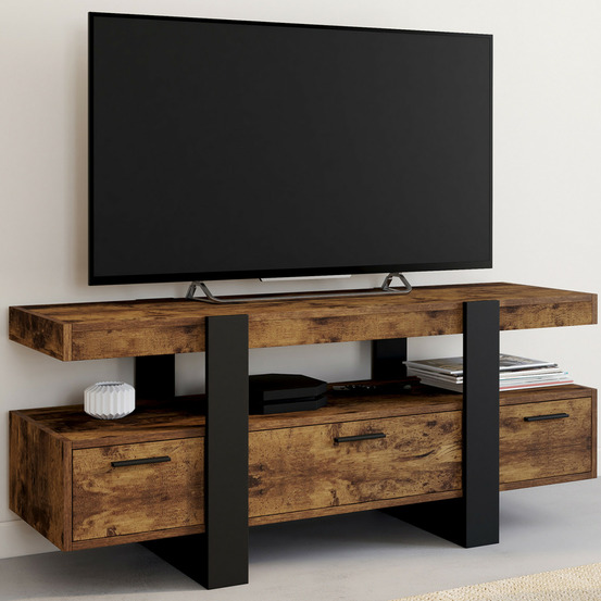 Meuble tv 116 cm phoenix avec tiroirs bois effet vieilli et noir