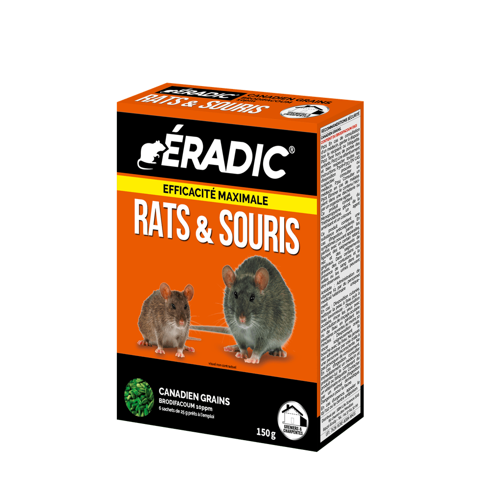 Eradic canadien grains - anti rats & souris - efficacité maximale - lieux secs - 6 sachets - 150g - prêt ã l'emploi
