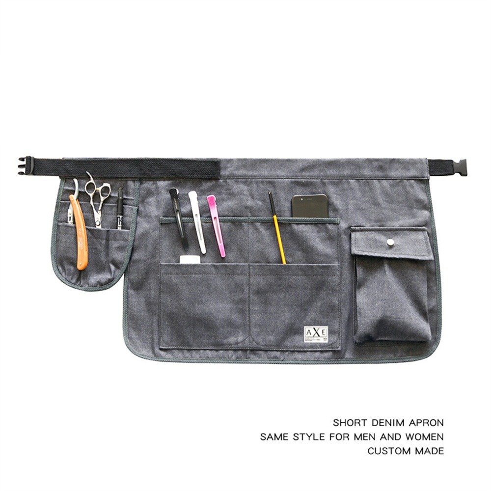 Court pour jardinage ou bricolage, teinte bleu jean et liberty, poches, coutures renfo-gris