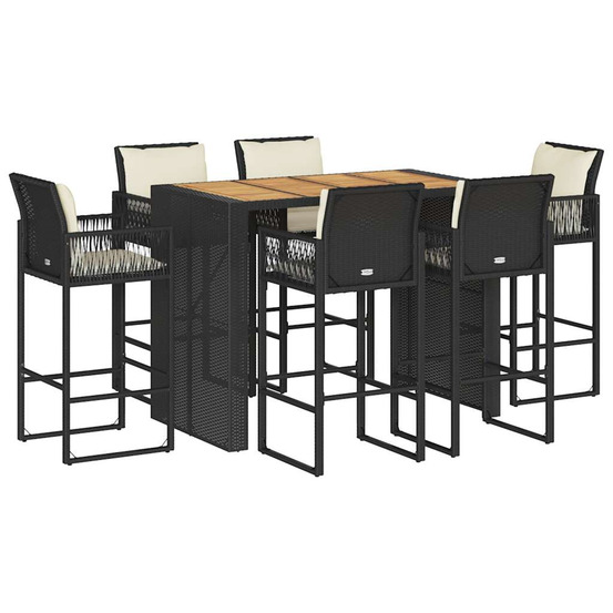 Ensemble de bar de jardin 7 pcs avec coussins noir poly rotin