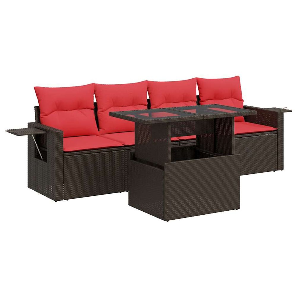 Salon de jardin 5 pcs avec coussins marron résine tressée acacia