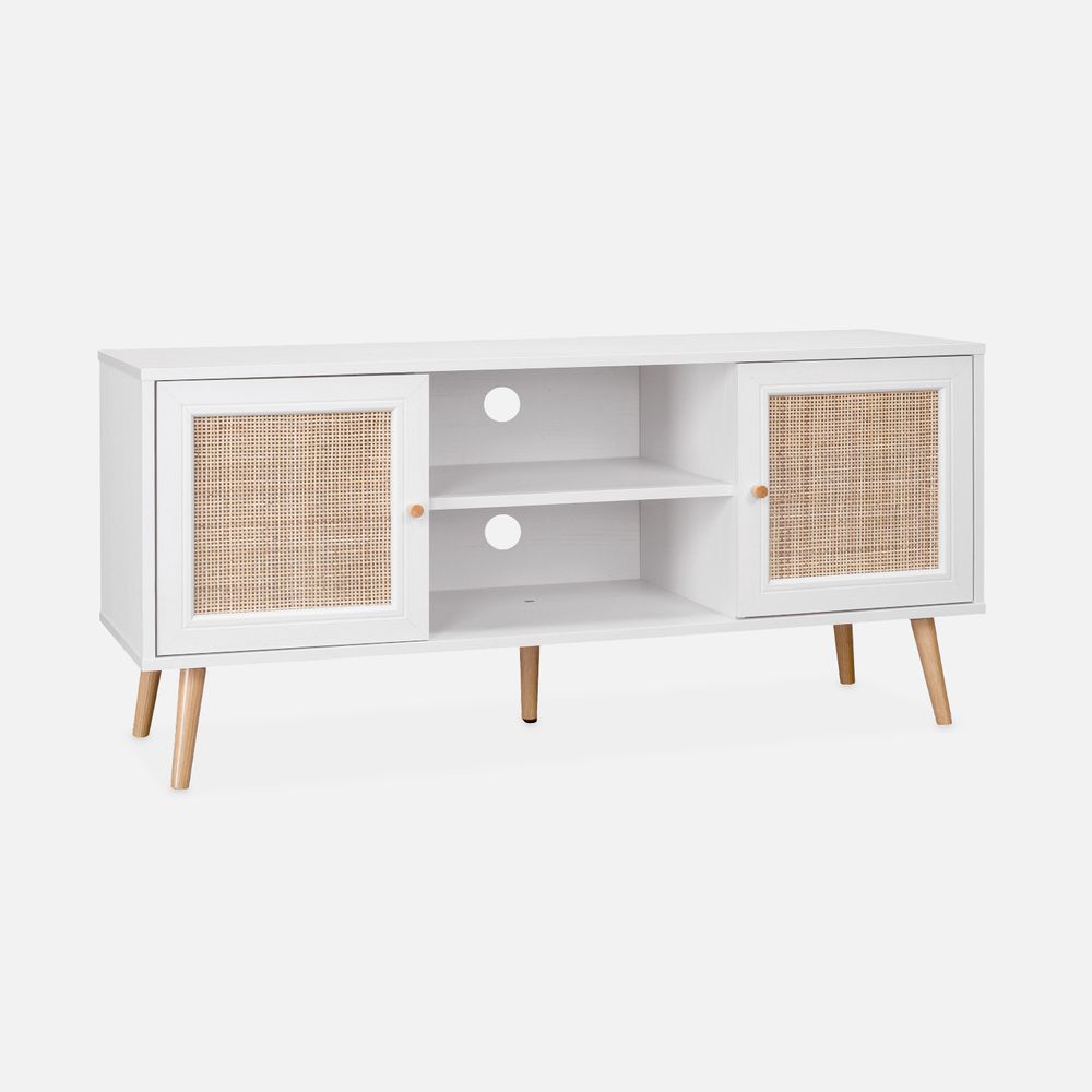 Meuble tv en cannage 120x39x56.5cm - 2 niveaux - 2 étagères - 2 portes - pieds scandinaves