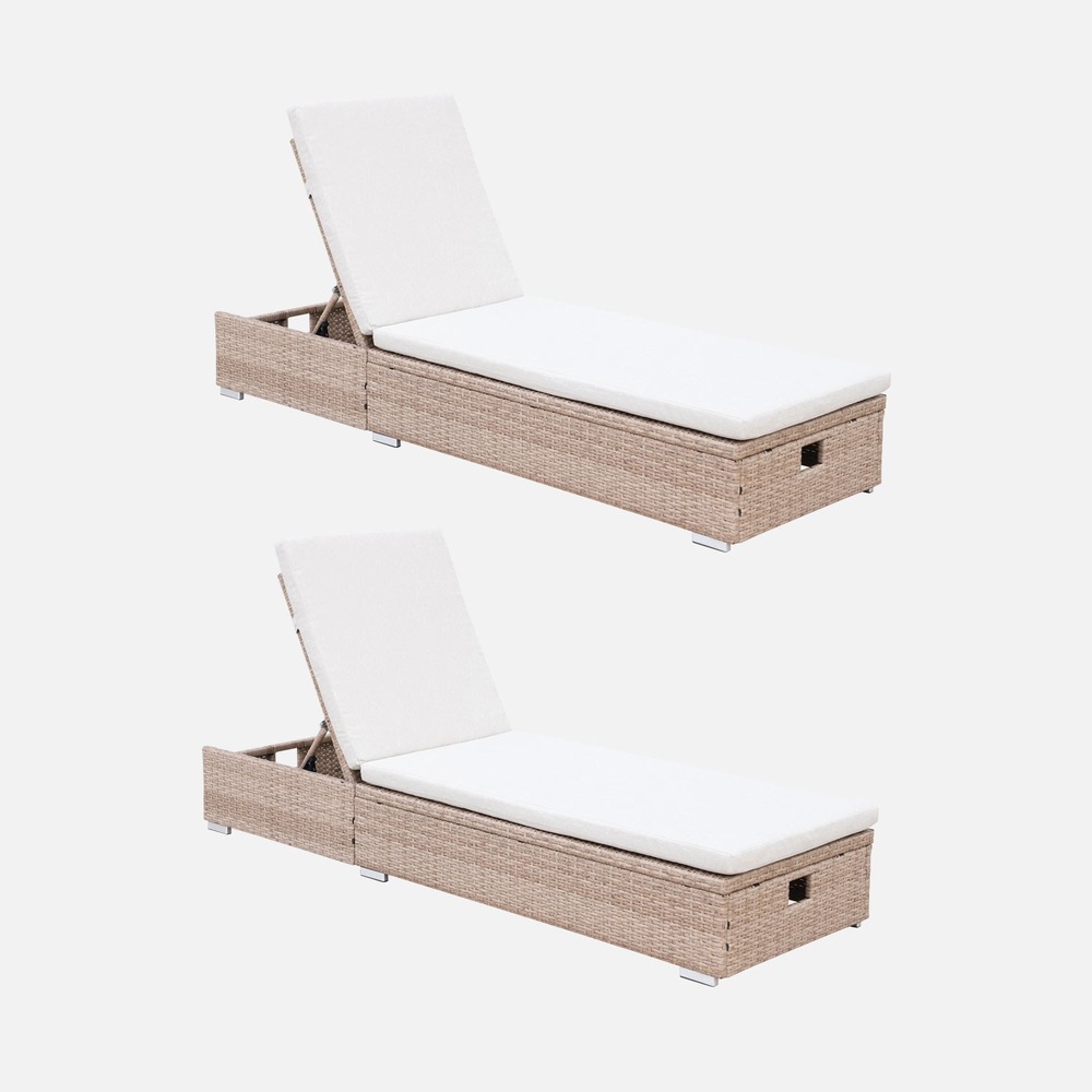 Lot de 2 bains de soleil résine tressée, coussins polyester, multi positions