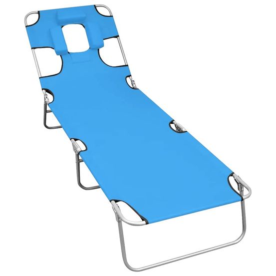 Chaise longue pliable avec coussin de tête acier bleu turquoise bain de soleil