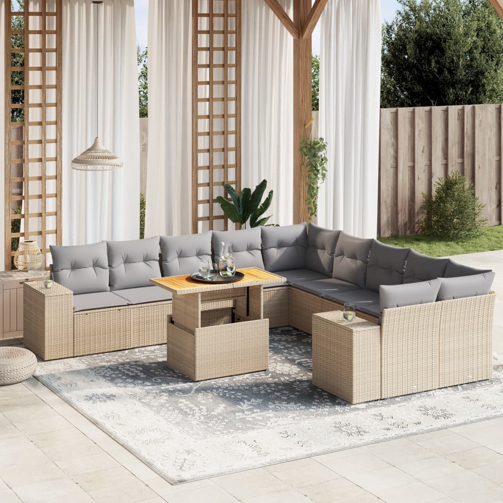 Salon de jardin 11 pcs avec coussins beige résine tressée