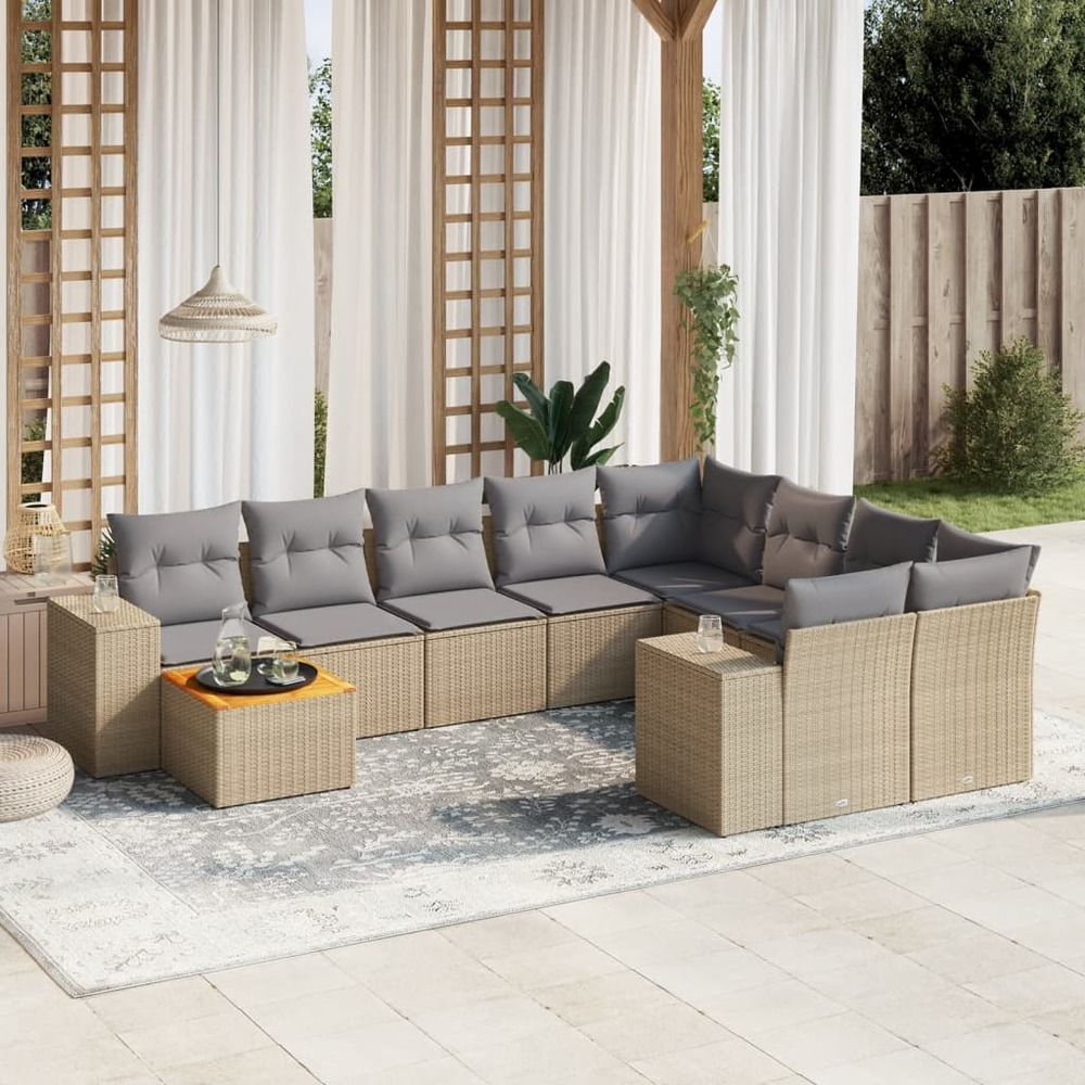 Salon de jardin avec coussins 10 pcs beige résine tressée