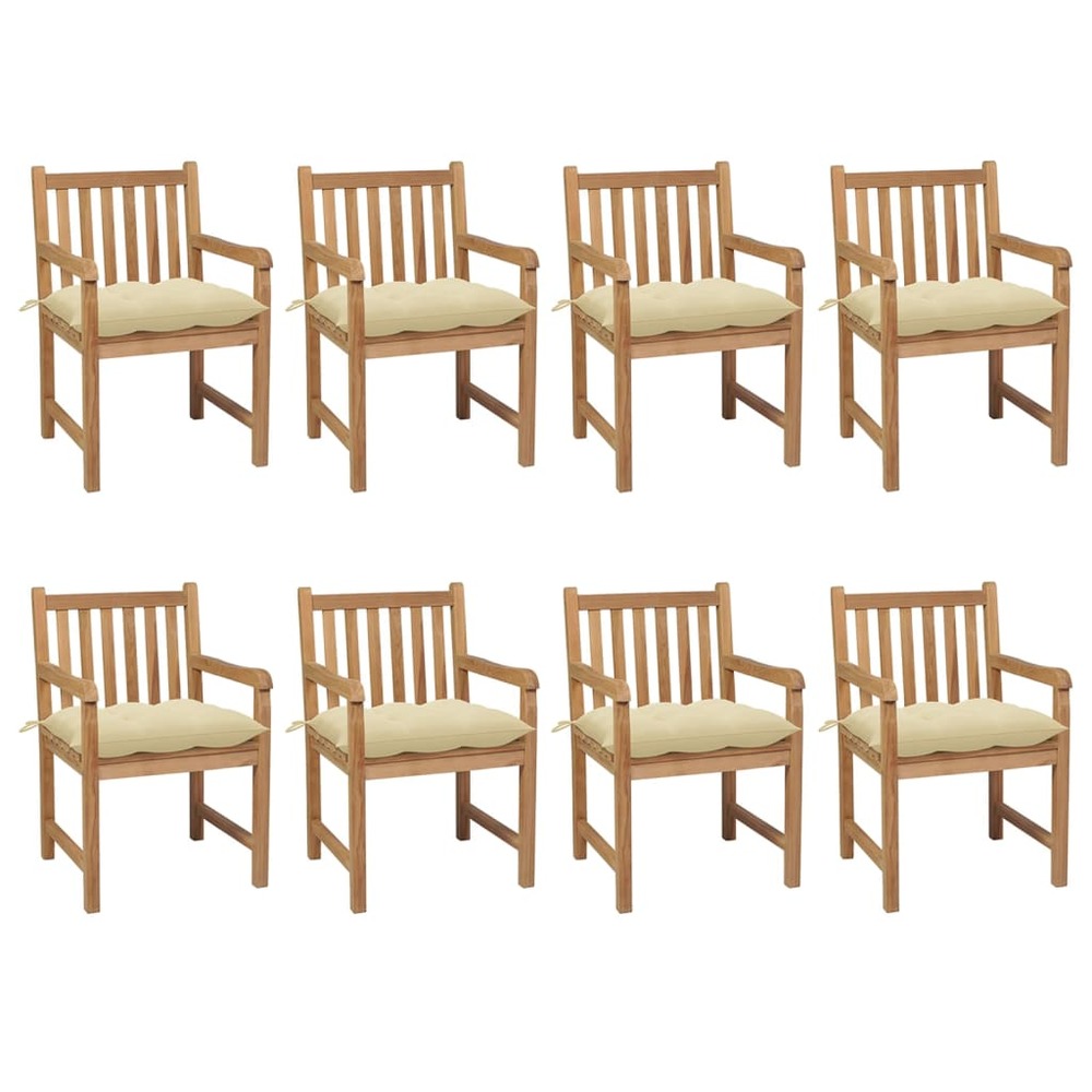 Chaises de jardin 8 pcs avec coussins blanc crème teck solide