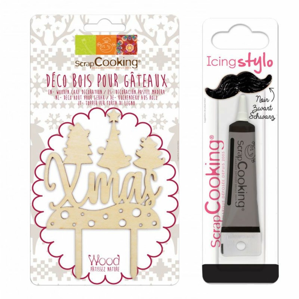 Cake topper en bois christmas + stylo de glaçage noir
