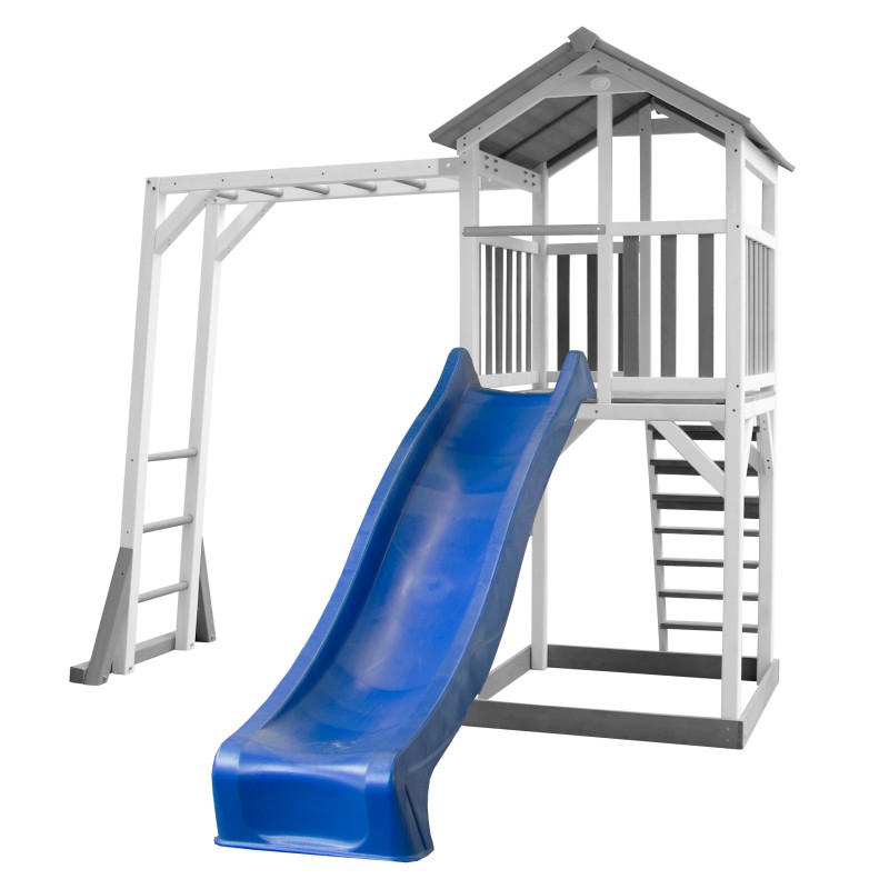 Axi structure de jeu beach tower gris blanc avec cadre d'escalade et toboggan bleu