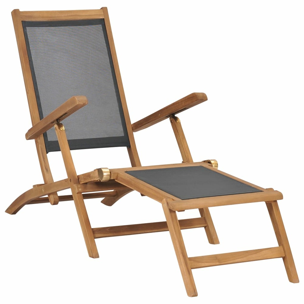 Transat chaise longue bain de soleil lit de jardin terrasse meuble d'extérieur avec repose-pied bois de teck solide noir 02_0