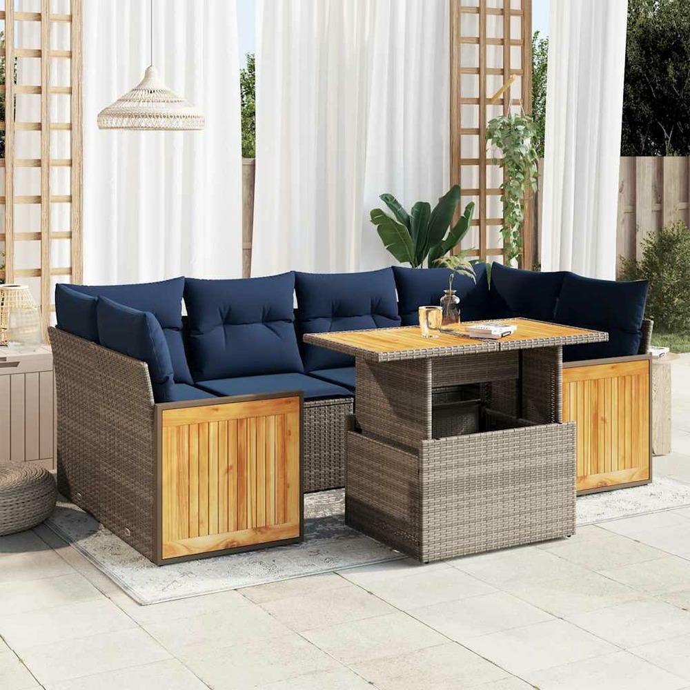 Salon de jardin avec coussins 7 pcs gris résine tressée acacia