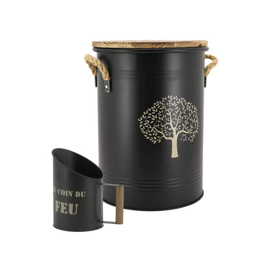 Tabouret et seau à pellets avec pelle au coin du feu métal laqué arbre de vie