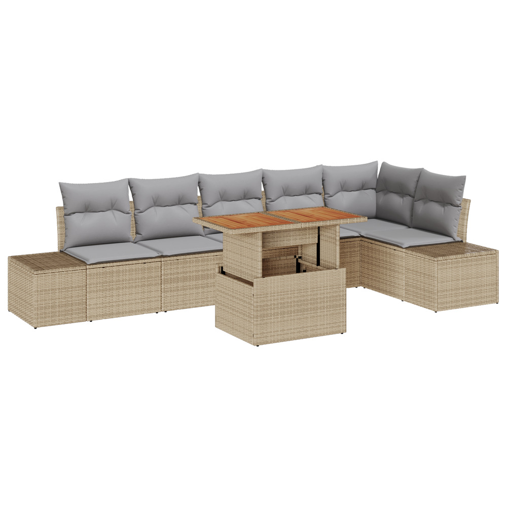 Ensemble de salle à manger jardin 7 pièces avec coussins beige poly rotin acacia