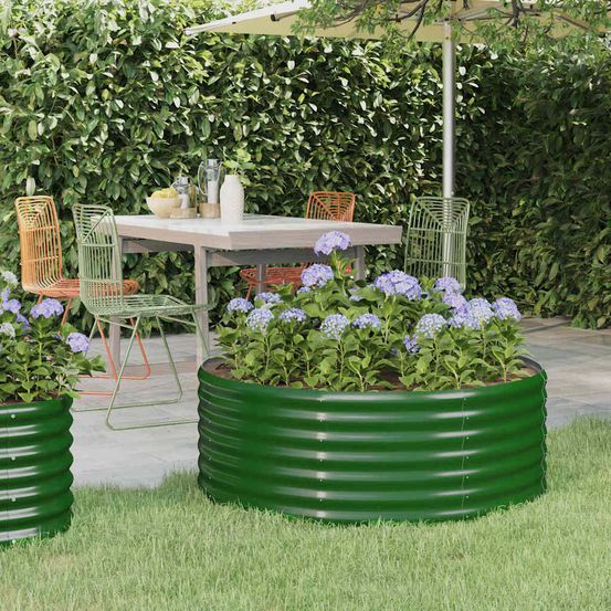 Bac potager surélevé rond acier galvanisé pour balcon terrasse vert 100x36 cm