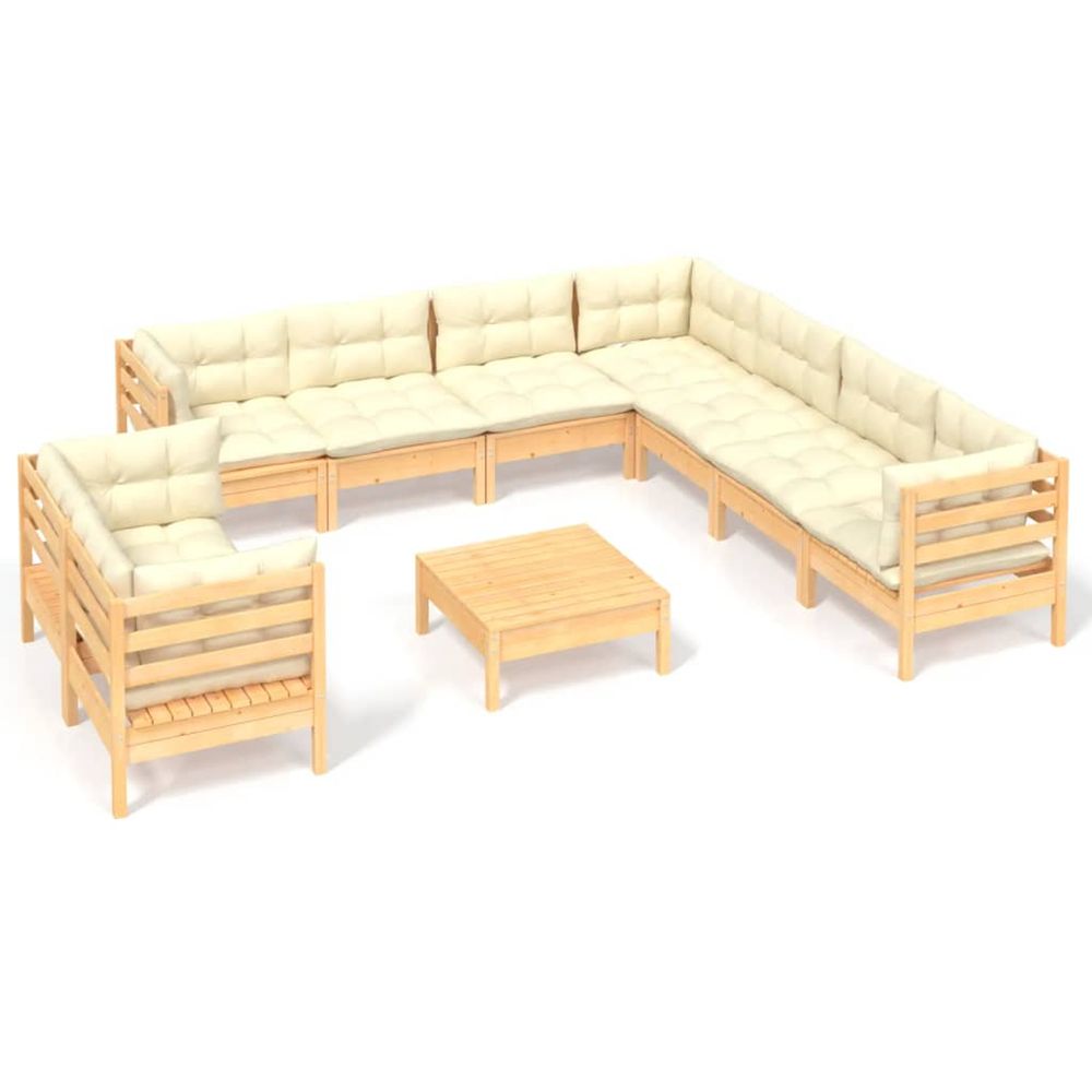 Salon de jardin 10 pcs avec coussins crème bois de pin massif