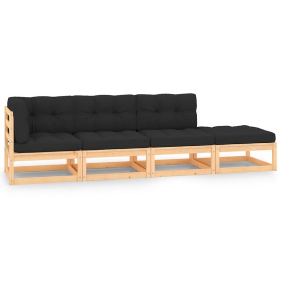 Salon de jardin 4 pcs avec coussins bois de pin massif